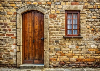 Fototapeta premium Vintage Stone Brick Wall with Antique Door - Minimalist Exterior Building Texture for Atmospheric Design and Aesthetic Appeal