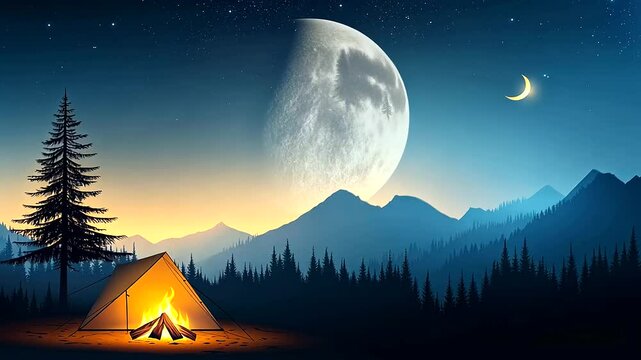 Mountain Campsite with Glowing Campfire and Starry Night Sky