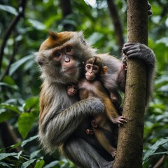 A monkey with a baby clinging to its back in a dense canopy.

