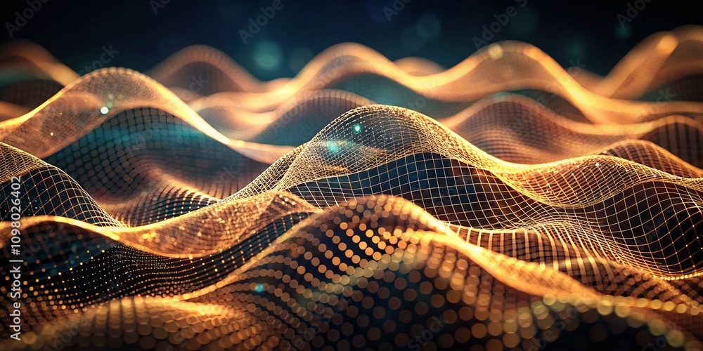 Poster Vintage Style Abstract Wavy Mesh Surface on Dark Background for Science or Technology Banner with Depth of Field Effect and Particles in 3D Rendering Style