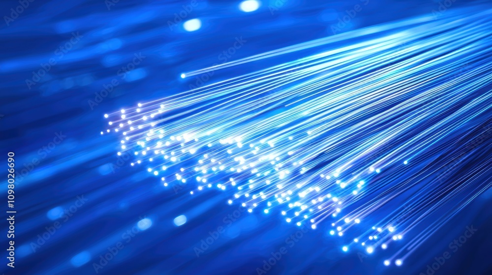 Poster intricate web of fiber optic lines illuminated in blue light creating a dynamic visual experience
