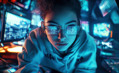 Cyber security concept: female hacker analyzing data on multiple screens for tech projects