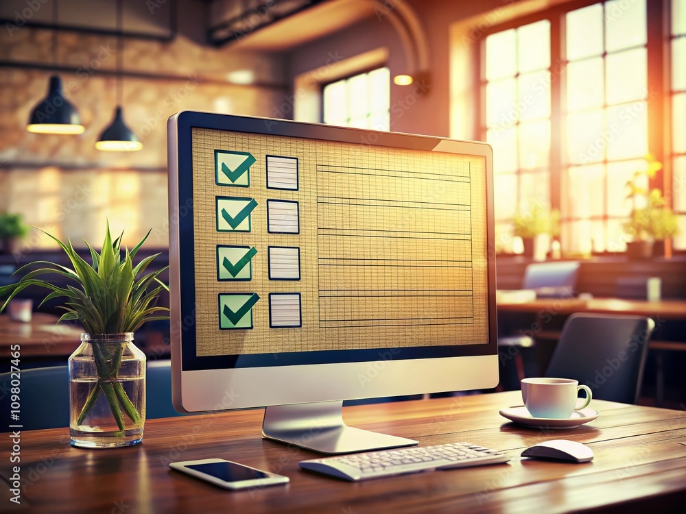 Poster vintage style computer screen with digital checklist for business performance assessment focusing on