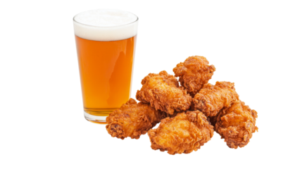 Crispy fried chicken and beer glass casual dining home kitchen relaxed vibe