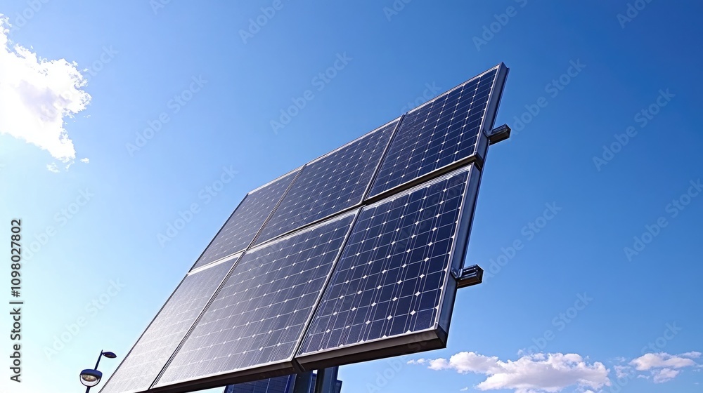Poster low-angle view of a solar panel array against a clear blue sky.