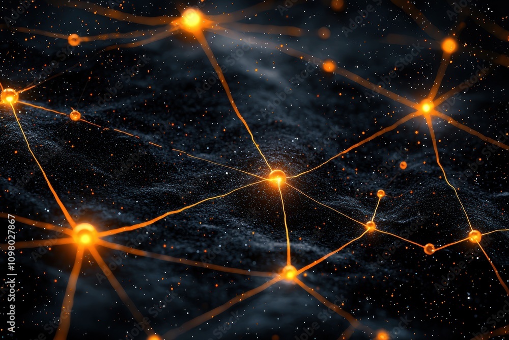 Poster abstract digital art representation of neural network system with bright connections and depth