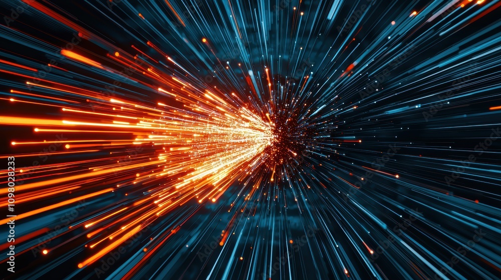 Poster dynamic burst of glowing fiber optic threads in a vivid colorful display
