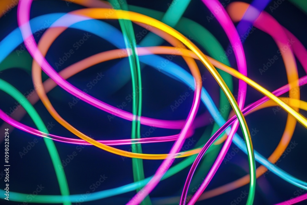 Poster glowing multicolored fiber optic strands in dynamic curves and patterns against a dark background