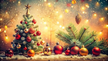 Vintage Style Merry Christmas and Happy New Year Greeting Card Design Featuring Festive Elements and Warm Colors for a Nostalgic Holiday Celebration