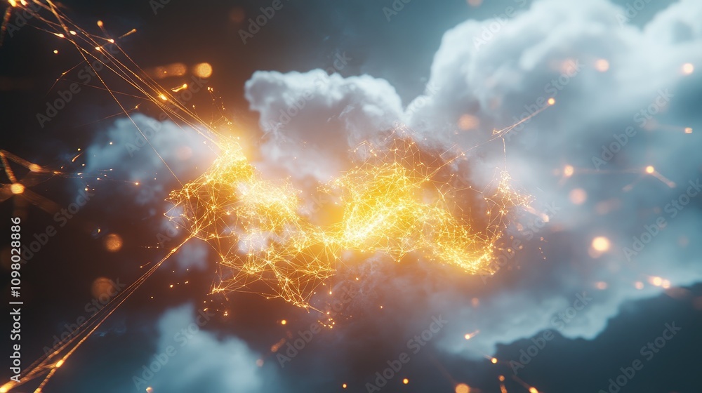 Poster glowing network within cloudy atmosphere abstract art