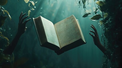 Mystical ancient book floats in dark forest, hands reaching.