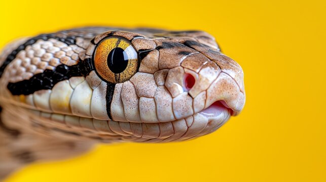  A close up of a snake's head on a yellow background