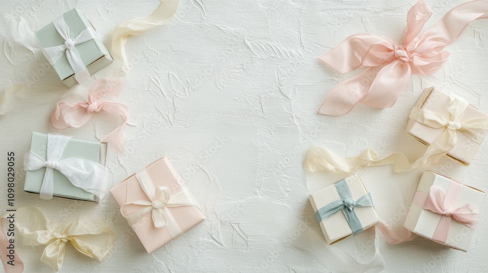 Poster handcrafted paper gift boxes with delicate pastel ribbons create a charming display perfect for cele
