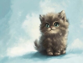 A cute, fluffy cat sitting alone against a soft, pastel blue background. The cat has large, expressive eyes and a sweet, innocent expression, with small ears perked up and paws tucked under its body