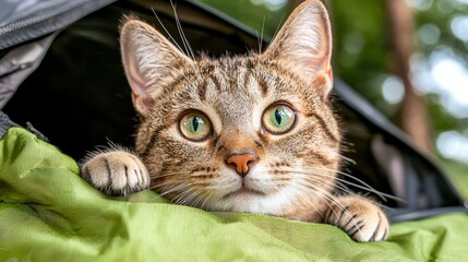 A cat peeking out of a green bag