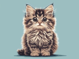Fototapeta premium A cute, fluffy cat sitting alone against a soft, pastel blue background. The cat has large, expressive eyes and a sweet, innocent expression, with small ears perked up and paws tucked under its body