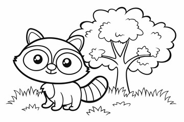 cute animals, some grass and a tree, coloring book