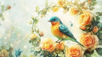 Obraz premium Yellow bird perched on peach roses in a wreath.
