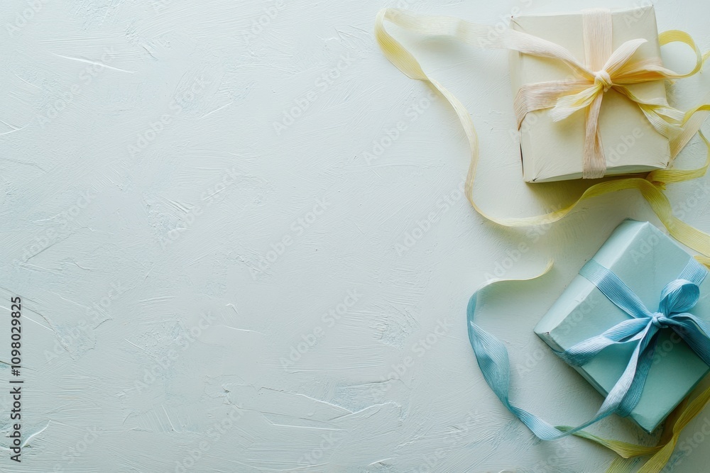 Poster elegant handcrafted gift boxes in pastel colors sit on a smooth surface, adorned with delicate ribbo