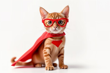 Adorable Ginger Kitten Dressed as Superhero Isolated on White Background. Cute Cat Wearing Red Cape and Glasses, Pet Fashion and Humor Concept.