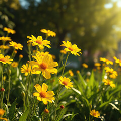 Obraz premium Sunny day in the garden with yellow flowers blooming, garden care, sunny disposition, outdoor living, garden vibes
