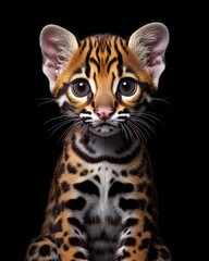 the baby Ocelot front view, white copy space on right, Isolated on black Background