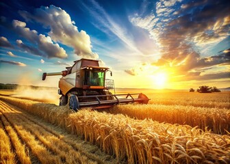 Obraz premium Vintage Style Photography of a Close-Up View of a Combine Harvester Cutting Wheat in a Golden Field Under a Clear Sky Capturing the Essence of Agricultural Life and Harvesting Season