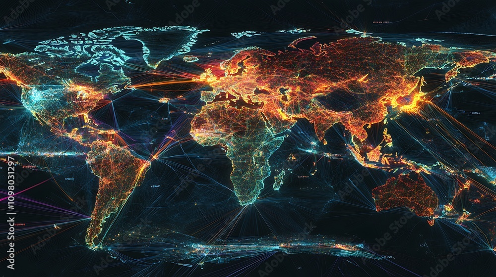 Poster global network connections illuminating world map