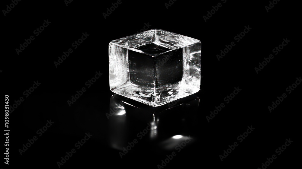 Poster a single clear ice cube on black background