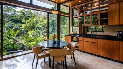 Fototapeta premium Modern kitchen with jungle view.