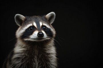 Fototapeta premium Mystic portrait of Common Raccoon in studio, copy space on right side, Headshot, Close-up View, isolated on black background