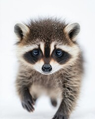Fototapeta premium the baby Common Raccoon, portrait view, white copy space on right, Isolated on white Background
