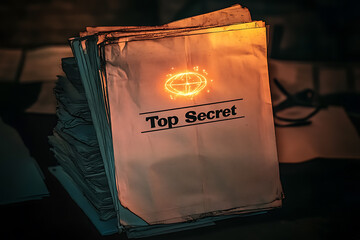A stack of confidential documents stamped  Top Secret,  revealing mysterious UFO-related findings, with glowing alien symbols on the papers under dim lighting.
