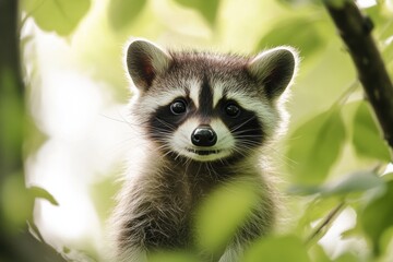 Mystic portrait of baby Common Raccoon in studio, copy space on right side, Headshot, Close-up View, isolated on white background