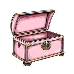 Open pink treasure chest with gold lock and wooden accents on a white background