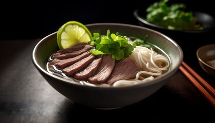 Enjoying a bowl of pho bo with tender beef slices, fresh noodles, and fragrant herbs at a cozy restaurant. Generative AI