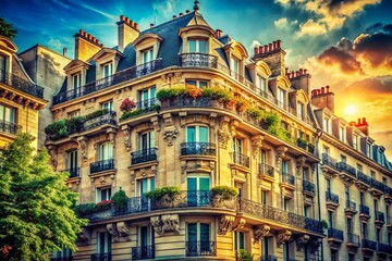 Obraz premium Vintage Style Photography of a Parisian High-Rise Complex with Balconies on a Sunny Day, Showcasing Elegant Architecture and Charming Details in the Heart of Paris