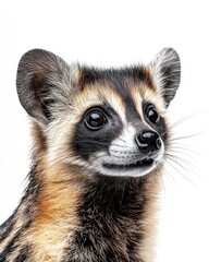 Fototapeta premium Mystic portrait of African Civet, copy space on right side, Headshot, Close-up View, isolated on white background