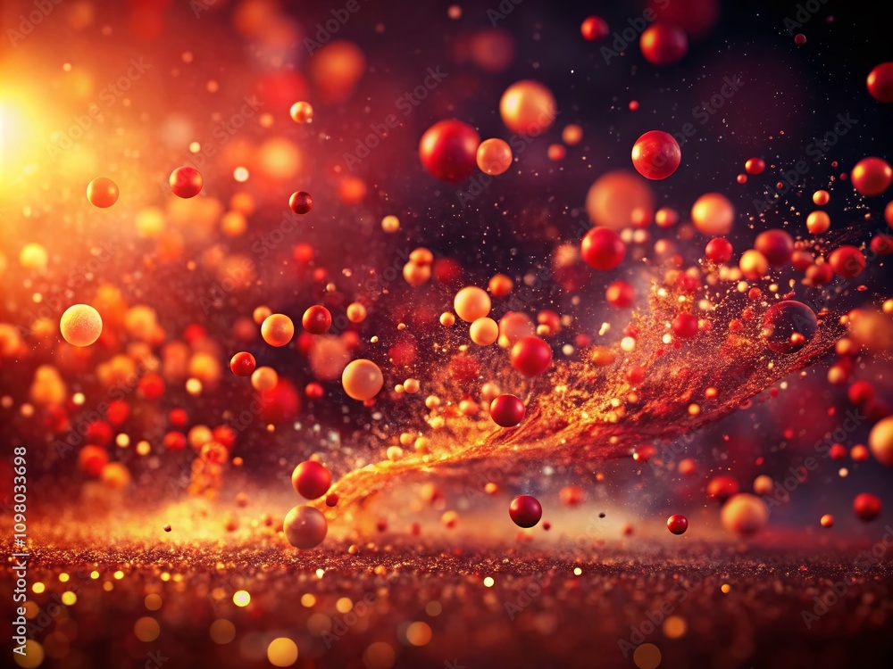 Poster vintage style photography of a red fluid particle movement background with abstract flying particles