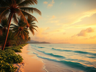 Vibrant yellow gold sky at dusk over tropical paradise, evening, summer, vibrant, paradise