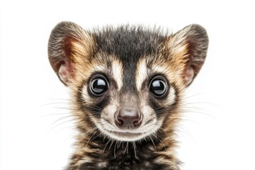 Fototapeta premium Mystic portrait of baby African Civet in studio, copy space on right side, Headshot, Close-up View, isolated on white background