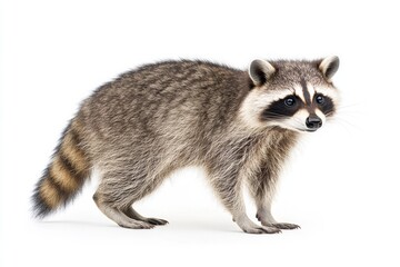 Fototapeta premium the beside view Common Raccoon standing, left side view, low angle, white copy space on right, Isolated on White Background