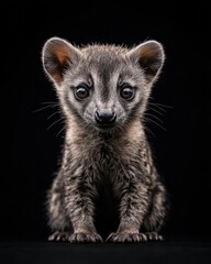 Fototapeta premium the babyAfrican Civet front view, white copy space on right, Isolated on black Background