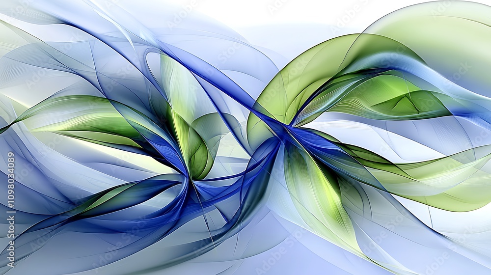 Poster abstract design with flowing shapes in blue and green hues, creating a sense of movement.