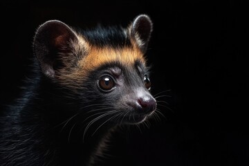 Obraz premium Mystic portrait of baby Small-toothed Palm Civet in studio, copy space on right side, Headshot, Close-up View, isolated on black background