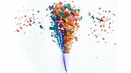Obraz premium Popper striped cone with confetti, holiday party firecracker. Isolated vector birthday shooters eject a burst of colorful paper or foil, spreading cheer and creating a festive