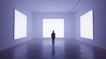 Obraz premium A lone figure observes illuminated blank canvases in a minimalist gallery