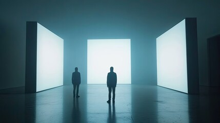 Obraz premium Two Figures Stand Before Illuminated Panels In A Modern Gallery