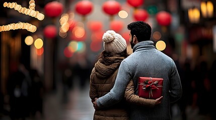 Fototapeta premium A Romantic Moment: Couple in Love Exchanging Gifts Under Festive Red Lanterns for Celebration. Chinese New Year 2025 Concept