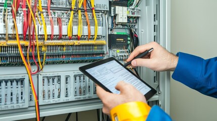 Young electrical engineer using digital tablet for work, analyzing circuit designs, troubleshooting electrical systems, and managing projects in modern engineering environment
